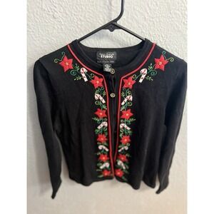 Studio Joy Christmas Cardigan Women Size PM Button Up Poinsettia